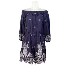 Anthropologie Farm Rio Jackie Embroidered Romper Eyelet Blue White Linen